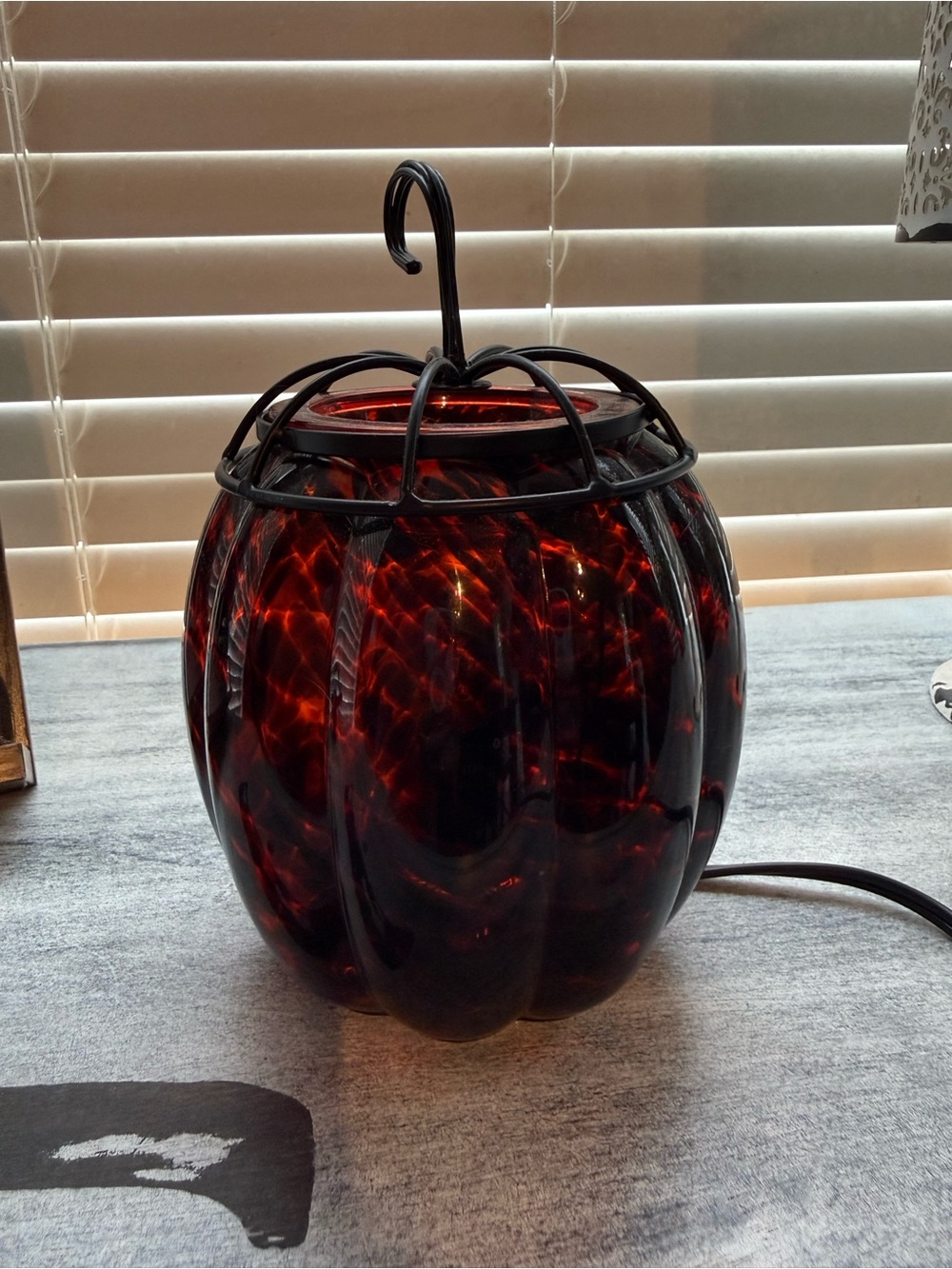 Scentsy Amber Red Glass Pumpkin Lantern with Black Metal Top